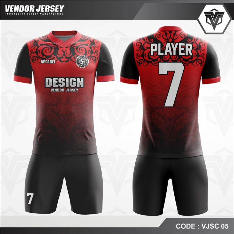 Download Desain Jersey Futsal Printing Warna Merah Hitam Motif Batik | Vendor Jersey