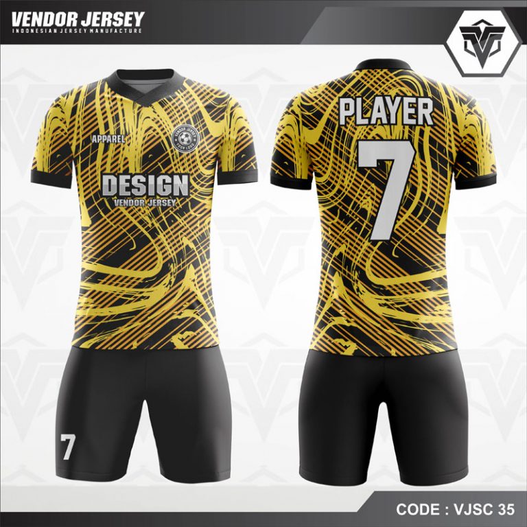 Download Desain Baju Futsal Printing Warna Hitam Kuning Bergelombang | Vendor Jersey