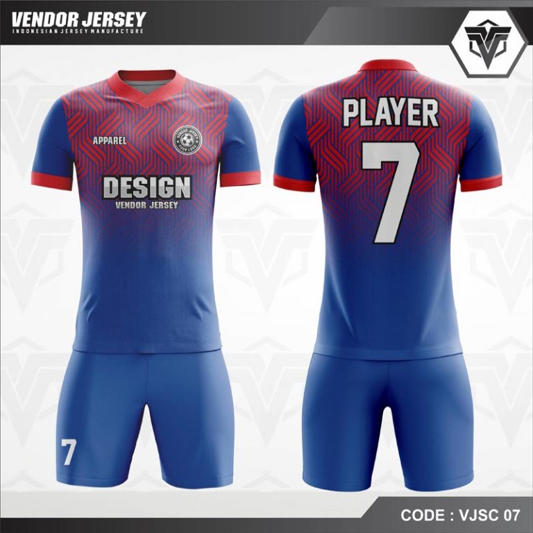 Desain Jersey Futsal Warna  Biru Merah  Berornamen Modern 